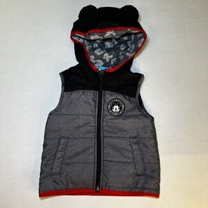 Disney Mickey Mouse Puffer Vest 4T Gray Black Red Hood Ears Zip Up